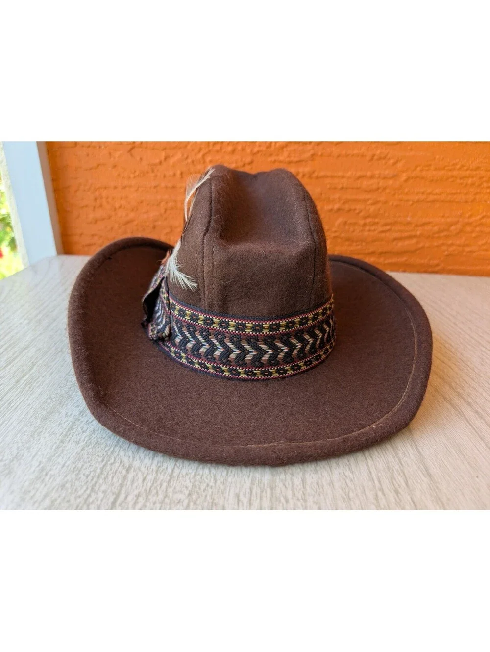 Vintage Boys Brown Wool Felt Cowboy Hat Feather USA Made Size 6 7/8–7 Western